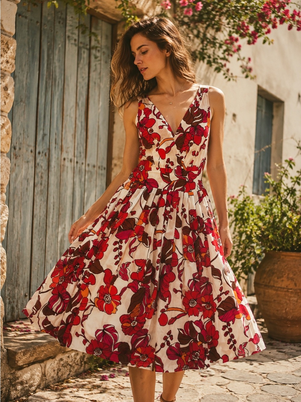Aryeh XS Cream Floral Cotton Midi Dress Pleated Boho Cottagecore Fit Flare